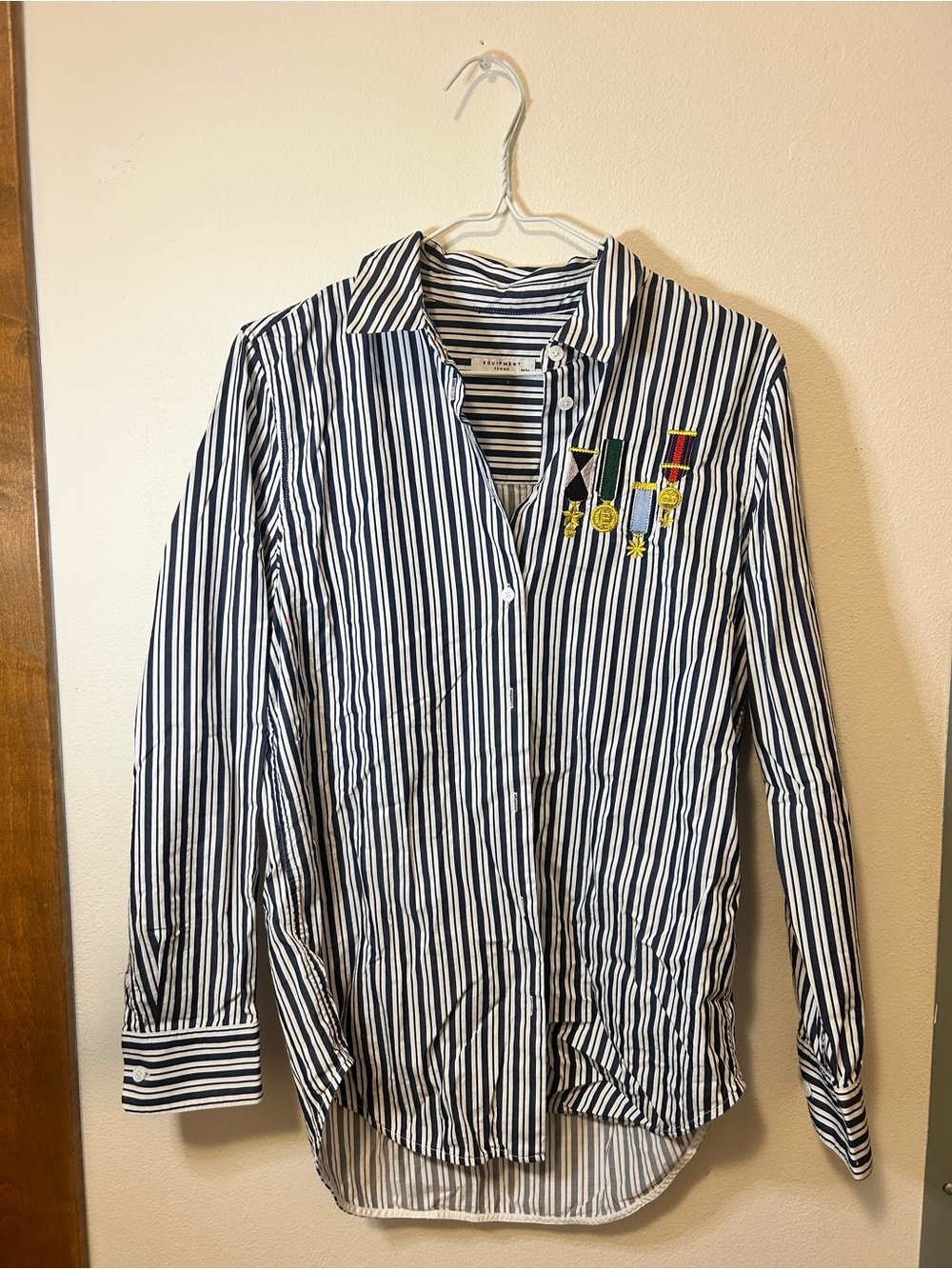 Equipment Navy and White Striped Button-Down Shirt with Medal Embroidery